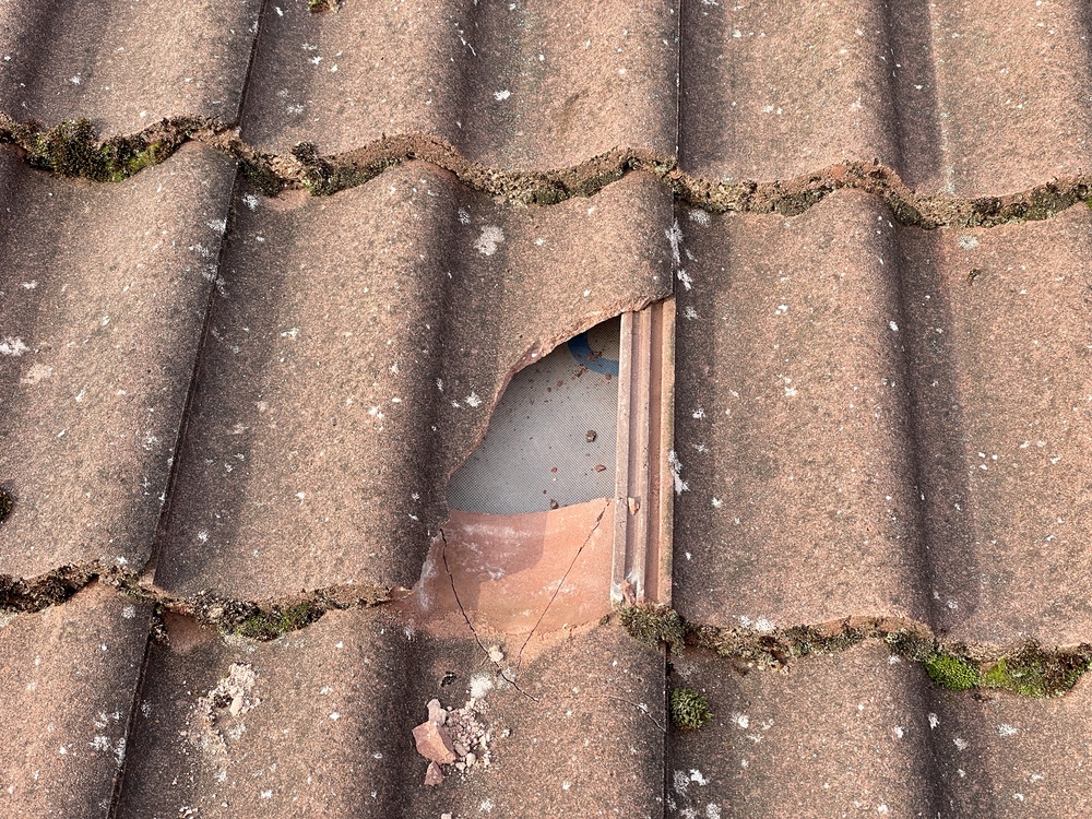 Image showing a broken tile on a roof, an example where roof repair is needed.