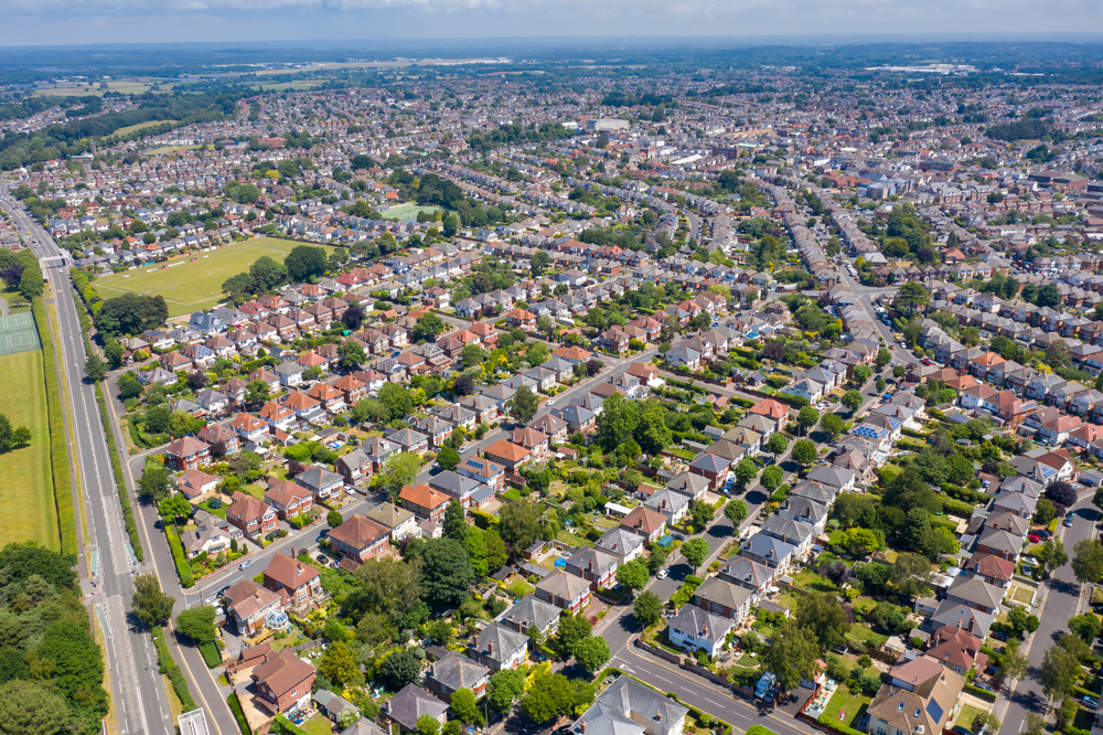 Aerial image of residential homes in the UK.
